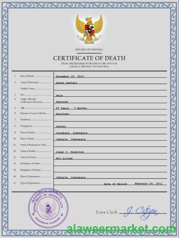 Indonesia vital record death certificate PSD template
